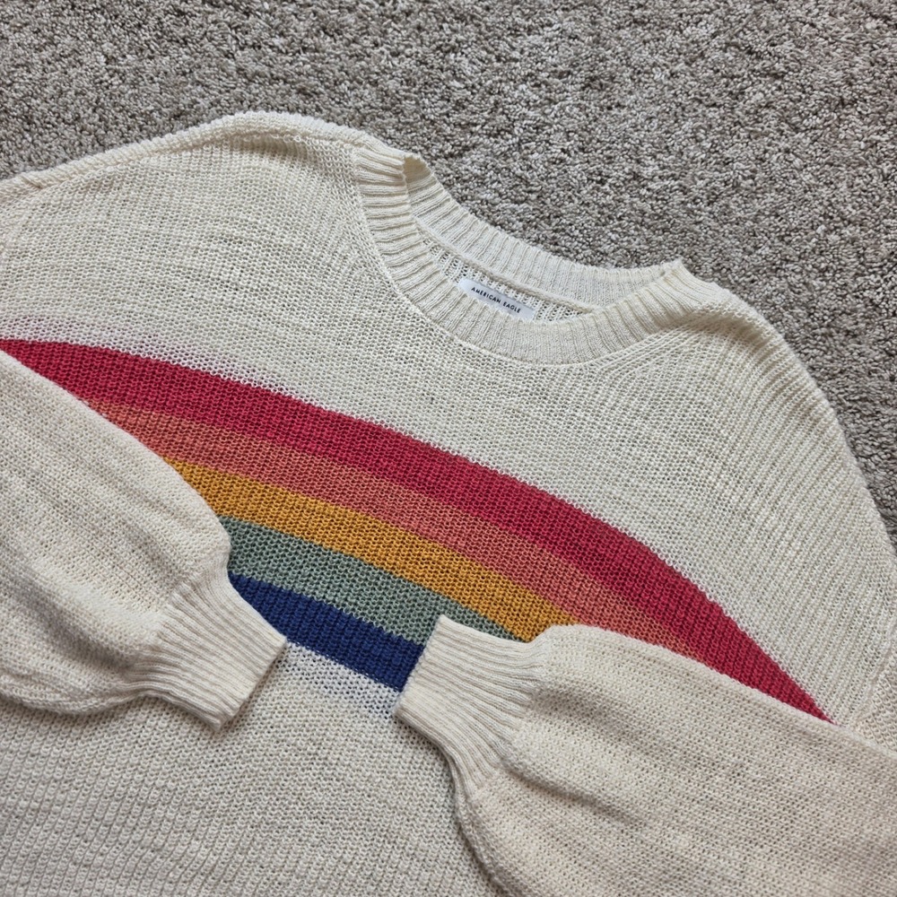 American Eagle Sweater Womens M Cream Rainbow Stripe Cotton Blend Boho Ladies